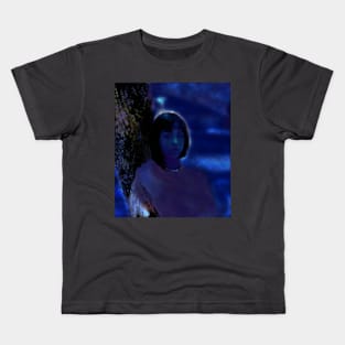 Portrait, digital collage and special processing. Lovely girl, sitting near tree. Night dreams. Blue. Kids T-Shirt